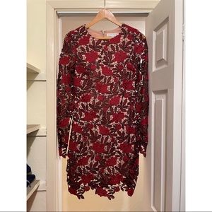 Dress the Population deep red overlay lace sheath dress with long sleeves